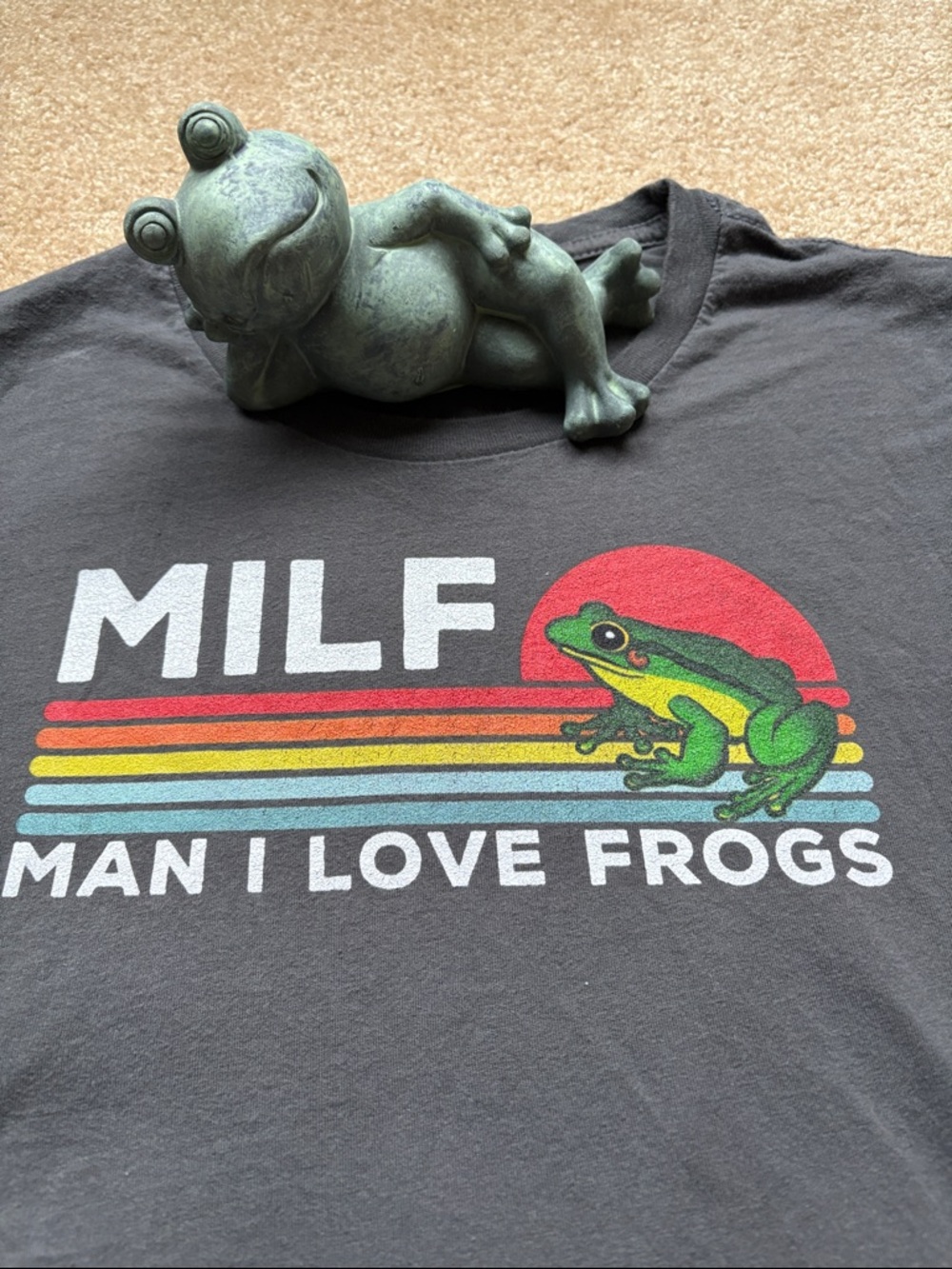 MILF Man I Love Frogs Graphic Tee - Black with Rainbow & Green Frog